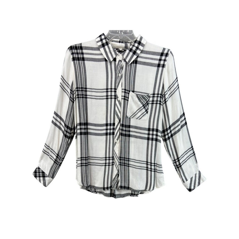 Rails Shirt Womens‎ Sz L Hunter Plaid White Black Rayon Button Down Classic